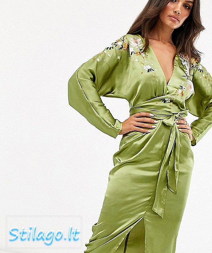 ASOS DESIGN nakış işlemeli saten batwing midi elbise-Yeşil