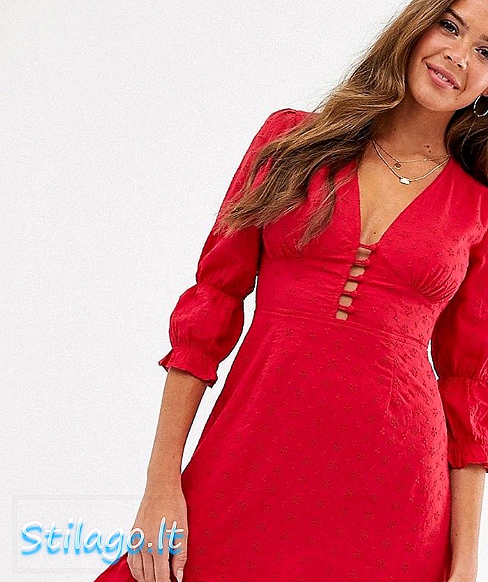 Mini vestido de té de neón Rose con dobladillo con volantes en broderie-Red
