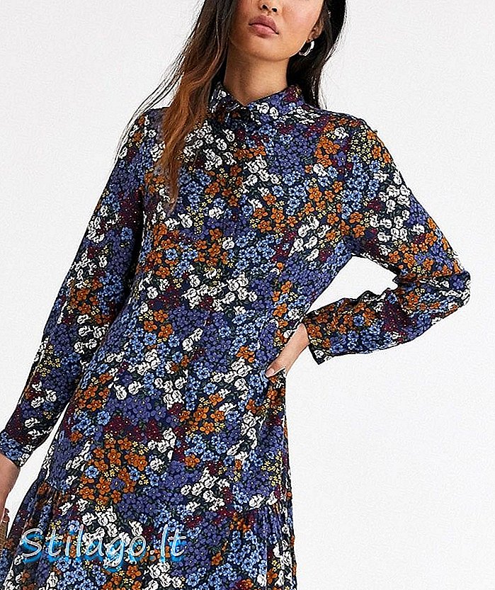Φόρεμα μίνι πουκάμισο λουλουδιών Monki με μακρύ μανίκι σε μπλε χρώμα