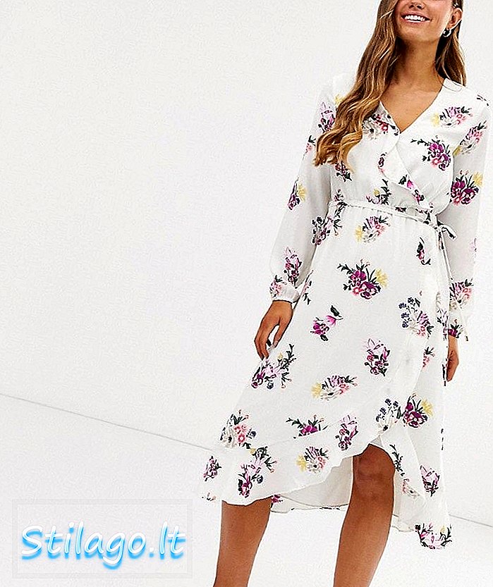 Vestido midi Oasis com mangas compridas em estampa floral branca - Multi