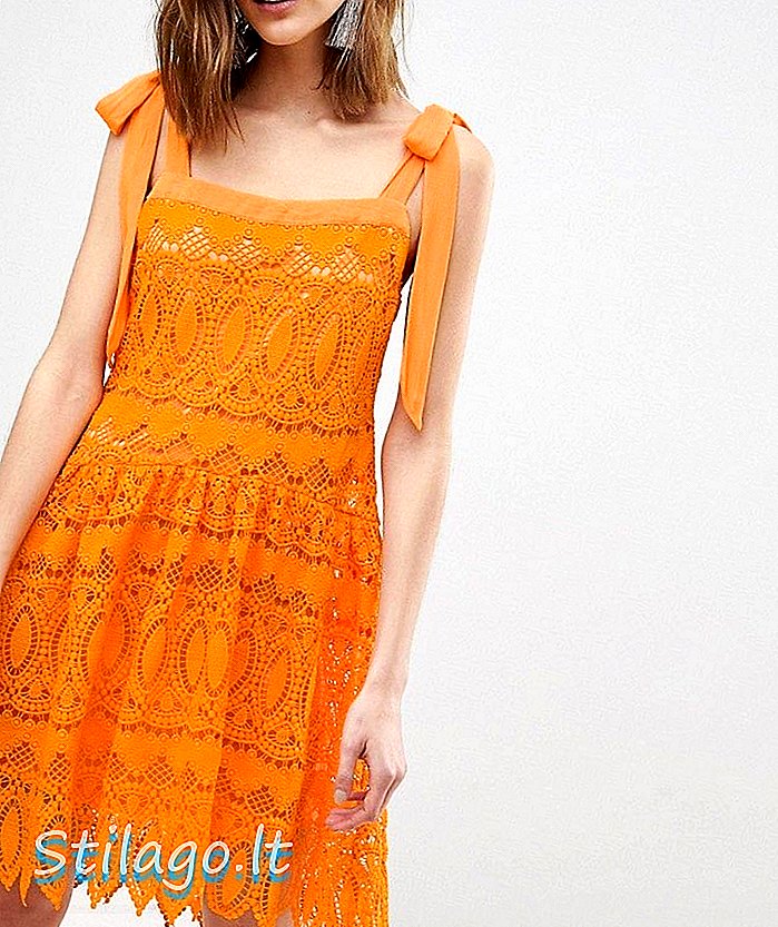 Koronkowa sukienka mini Vero Moda na całej długości z wiązaniem w kolorze pomarańczowym