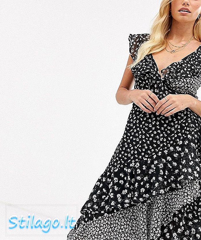 AllSaints שמלת קרי פיזור שמלת midi בשילוב פרחים ושידוך הדפס שחור