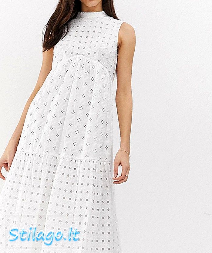 ASOS DESIGN Premium Katmanlı Broderie Yüksek Yaka MIDI Salıncak Elbise-Beyaz