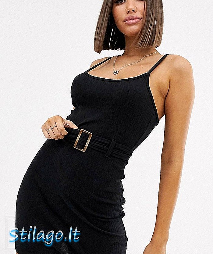 Missguided žebrované mini šaty s želvovým pásem v černé barvě