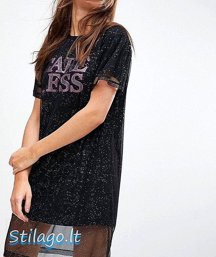 슬로건-블랙 코러스 메쉬 오버레이 티셔츠 드레스