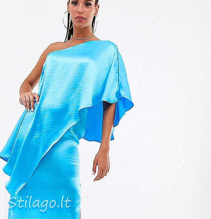 ASOS डिजाइन टाल साटन एक कंधे मिडी पोशाक डबल परत-ब्लू के साथ