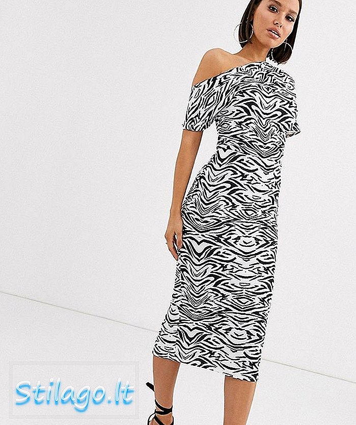 ASOS DESIGN gaun pensil bahu lipit dalam zebra print-Multi
