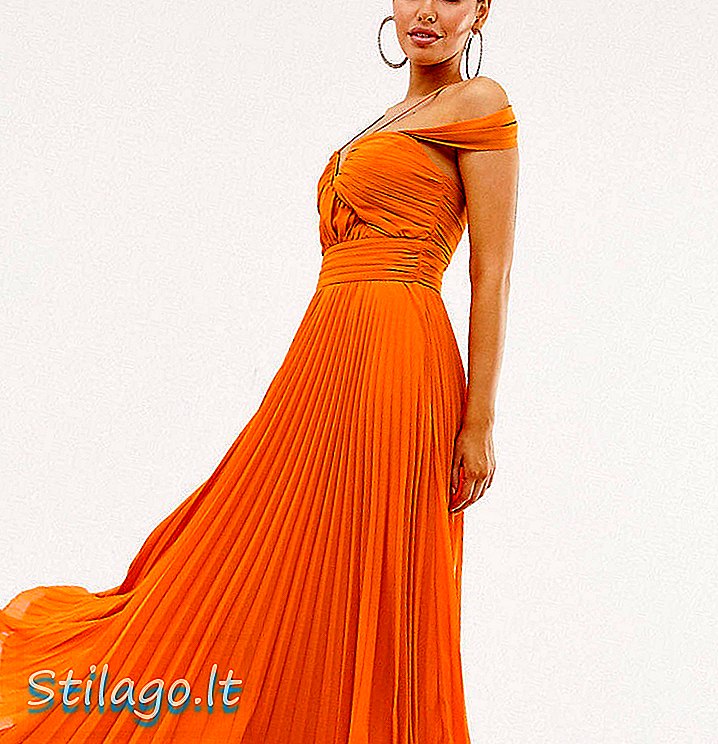 Forever Unique Vestido maxi de ombro frio exclusivo com saia plissada em laranja