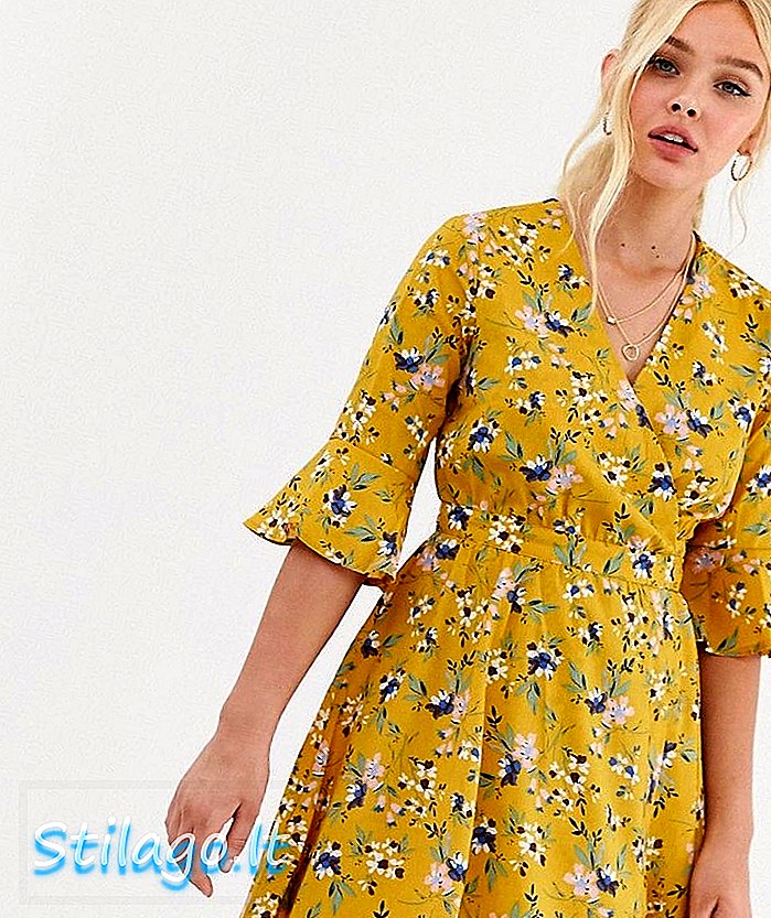 QED London blomstret mini wrap kjole med frillærmede detalje-gul