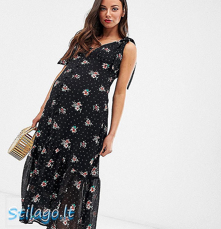 Çiçekli-Siyah fırfır detaylı Vahşi Bal Hamile midi elbise