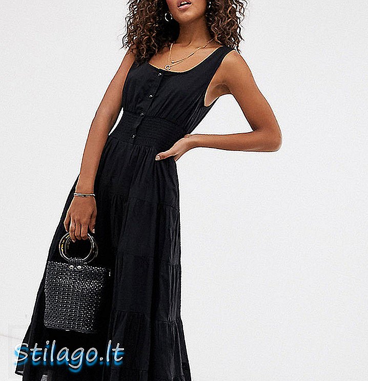 Midi elbise ile uzun elastik bel düğmesi-Siyah
