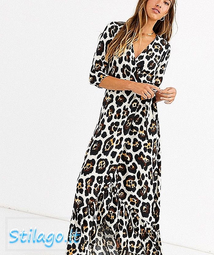 Likvidi priekinė maxi suknelė, padengta likeriu, rusva leopardo spalva