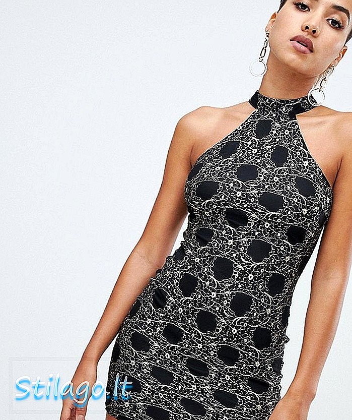 AX 파리 레이서 넥 미디 드레스, 대조 레이스-블랙