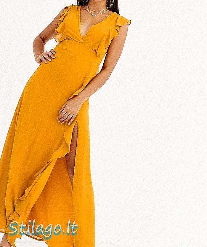 TFNC فستان ماكسي متقاطع الظهر قصير الأكمام مع تفاصيل منتفشة - أصفر
