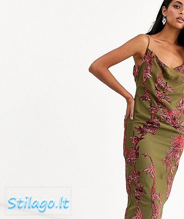 Hope & Ivy cowl cami strap maxi φόρεμα με διάσπαση μηρού και κουμπί με επένδυση από floral βελούδο-Πράσινο