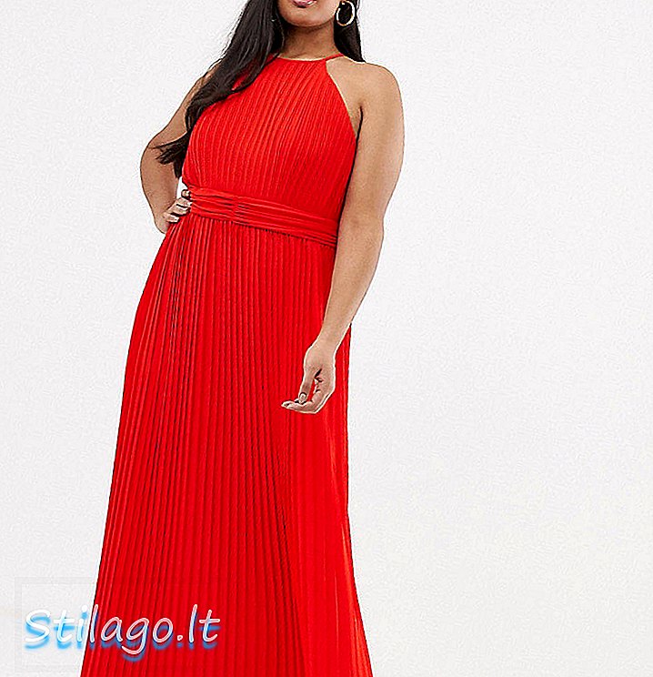 „TFNC Plus“ aukšto kaklo spalvos plisuota maxi suknelė raudona