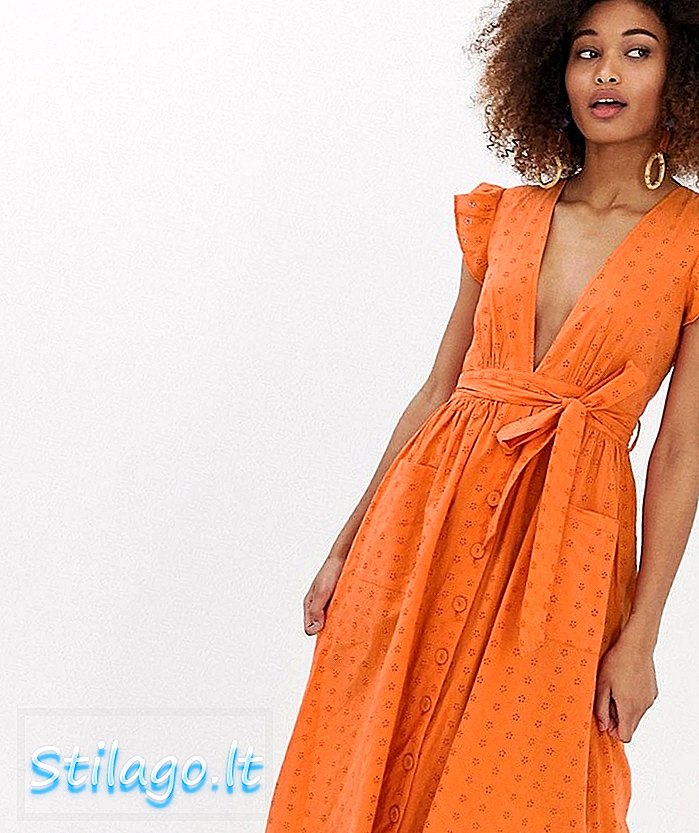 Broderie-Orange의 타이 허리가있는 네온 로즈 플 런지 프론트 미다시 드레스