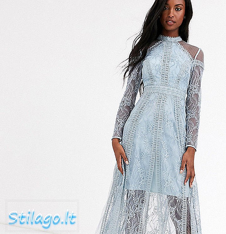 True Decadence Tall - Lange kanten maxi-jurk met contrasterende mouwen in blauw