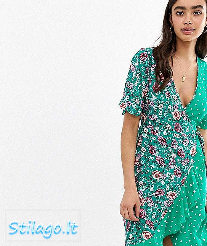 Influență rochie midi învelită în imprimeu floral mixt-Verde
