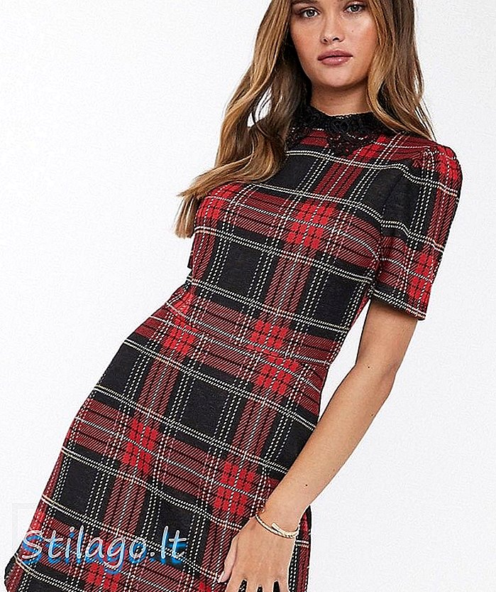 Rochie de ceai colorată de pe River Island în roșu tartan roșu-negru