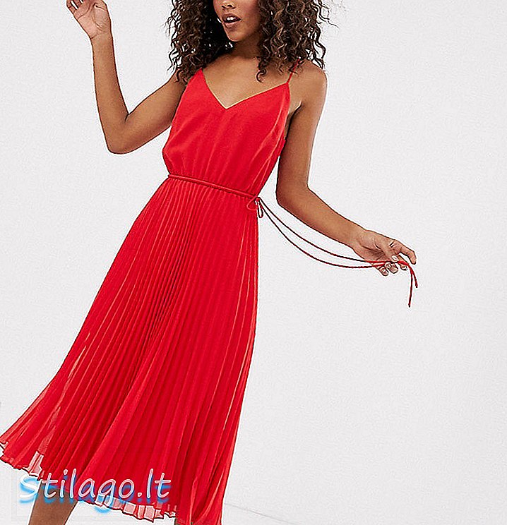 ASOS DESIGN Høj plisseret cami midi-kjole med løbebånd i taljen-rød