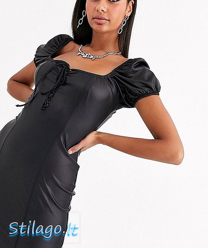Δερμάτινο ASOS DESIGN με δαντέλα μπροστά μίνι φόρεμα-Μαύρο
