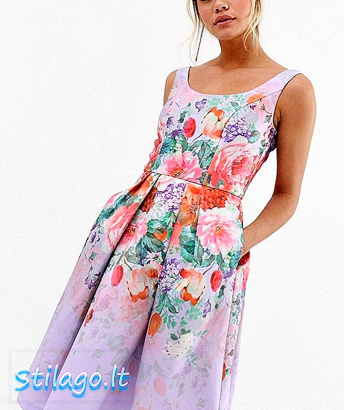Chi Chi London saténové šaty midi prom s hlbokým výstrihom s kvetinovým umiestnením-Multi