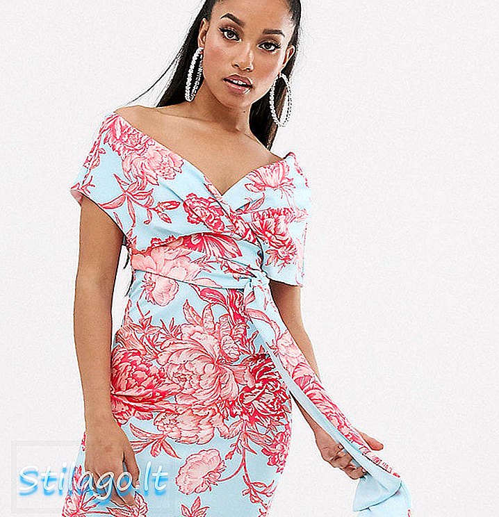 ASOS DESIGN Petite - Midi-kokerjurk met vallende schouder en strikdetail in bloemenprint - Multi