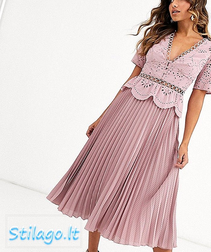 ASOS DESIGN κουμπί μπροντερί εμπρός πτυχωτό φόρεμα μεσαίου τσαγιού-Ροζ