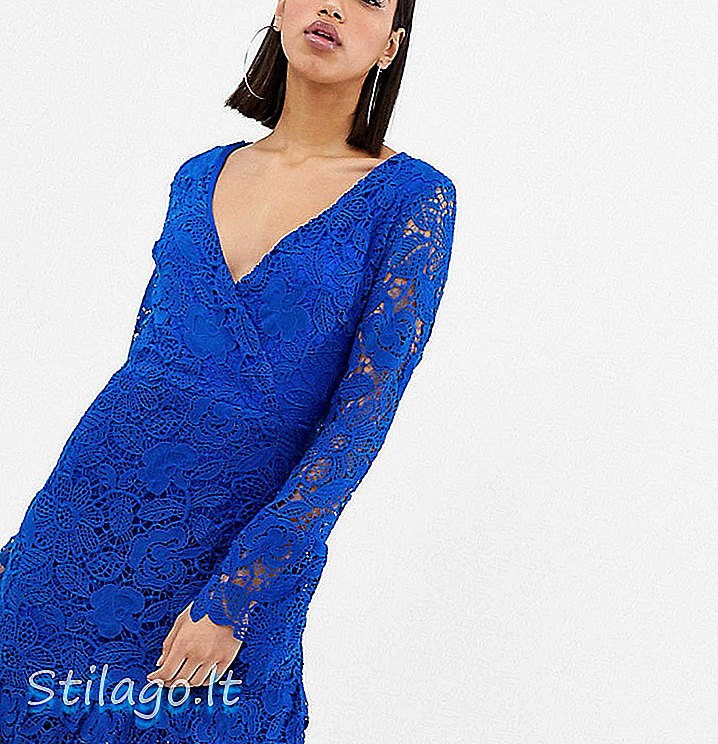 Netinkama nėrinių midi suknelė su raukšlėmis iš kobalto mėlynos spalvos