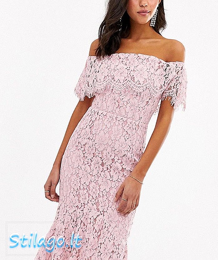 Malá pani bardotová po celej čipke midi dress-Pink