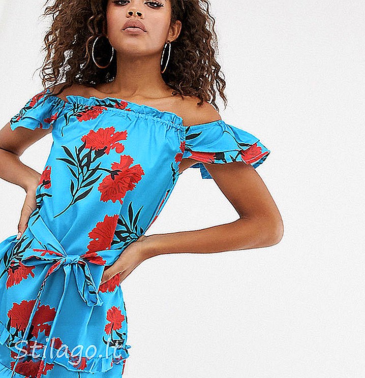 फ्लोरल प्रिंट-ब्लू में स्लीव डिटेल के साथ पेरिस की टॉल ऑफ शोल्डर ड्रेस
