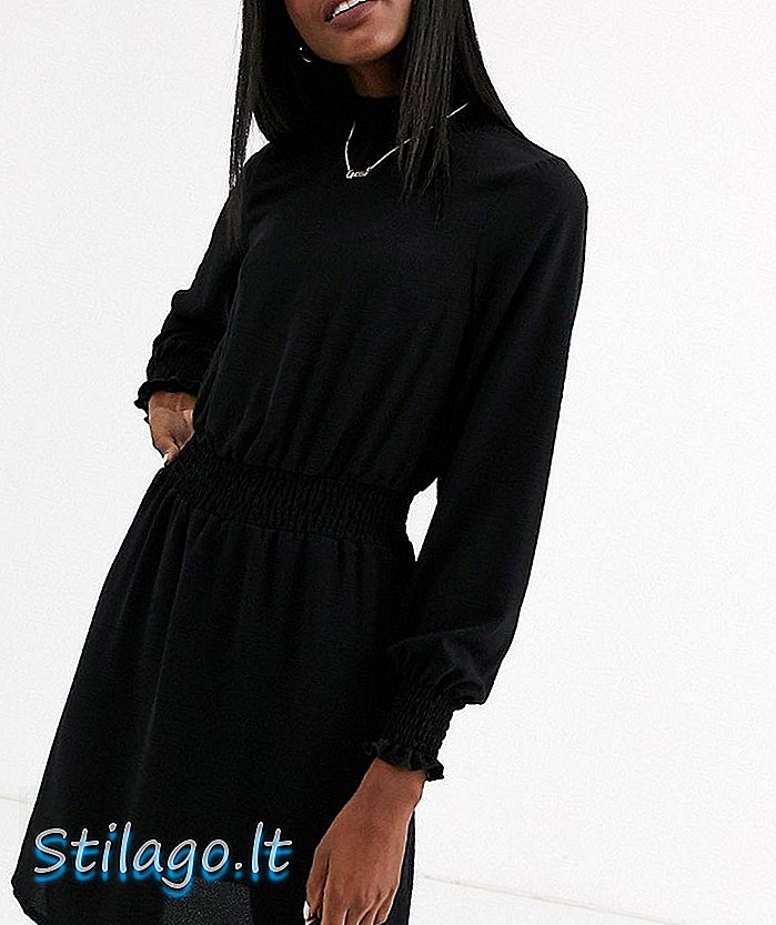 Ny look shirred talje mini kjole med høj hals i sort