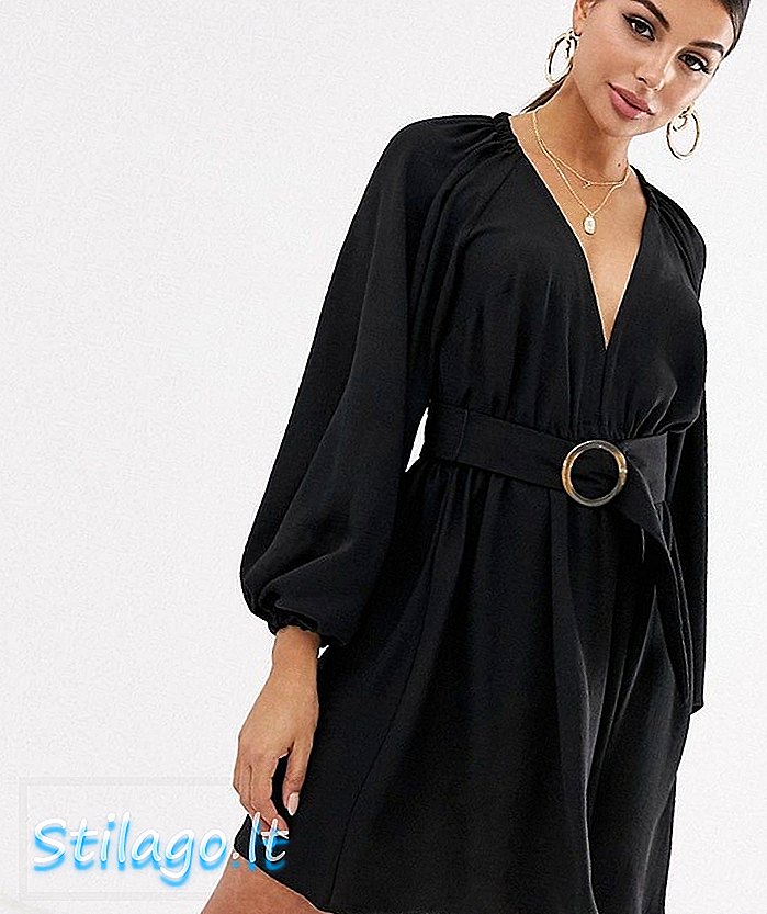 ASOS DESIGN μακρυμάνικο μίνι φόρεμα με μανίκι κιμονό και ζώνη-Μαύρο