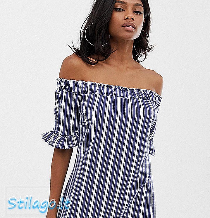 PrettyLittleThing Striped Bardot Ruffle Hem Dress-Multi