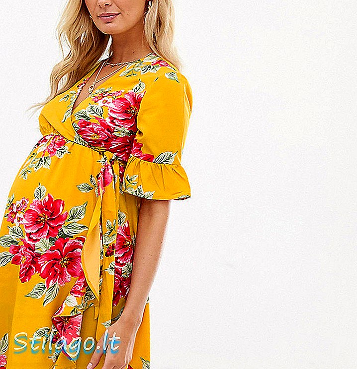 Vestido de maternidade com detalhe de babados em estampa floral-Amarelo