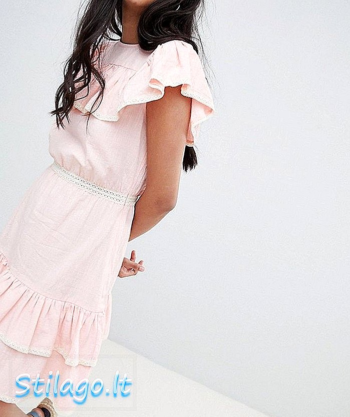 Гламурозна мини хаљина са руффле слојевима и чипкастим ружичастим