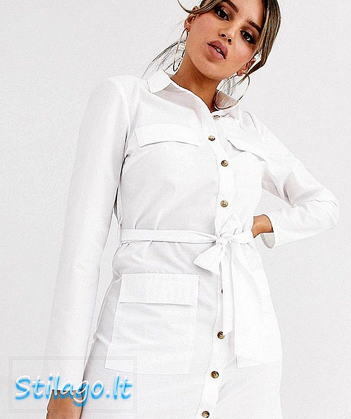 Utilitas ASOS DESIGN belted baju kemeja katun mini-Putih