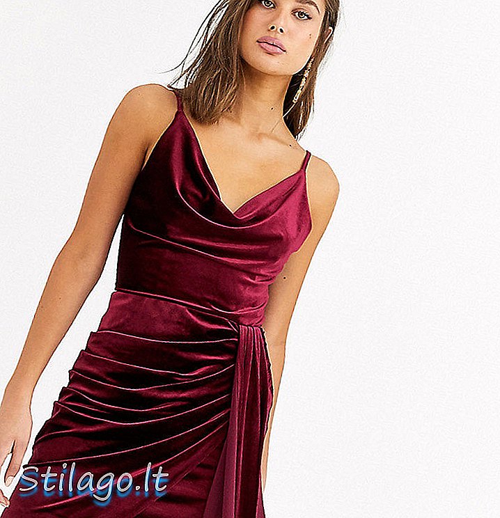 Váy ngắn nhung cao cấp của TFNC với chi tiết rủ xuống màu đỏ tía