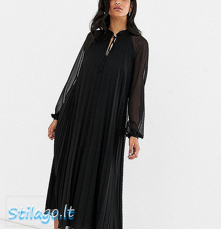 ASOS DESIGN Wysoka plisowana trapezowa sukienka midi z wiązaniem na szyi - czarna