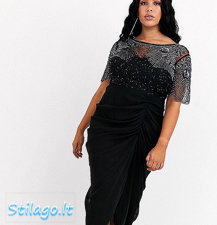 Virgos Lounge Plus skaista sānu detaļa ar milzīgu, pārklātu midi kleitu melnā krāsā