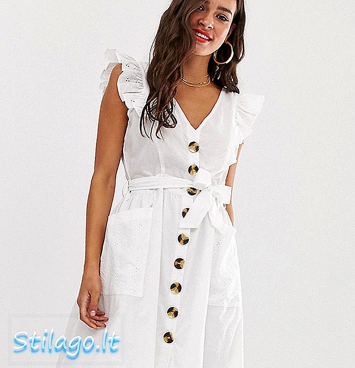 Exkluzívne sviatočné šaty Boohoo midi s gombíkom a golierovými rukávmi v bielej farbe