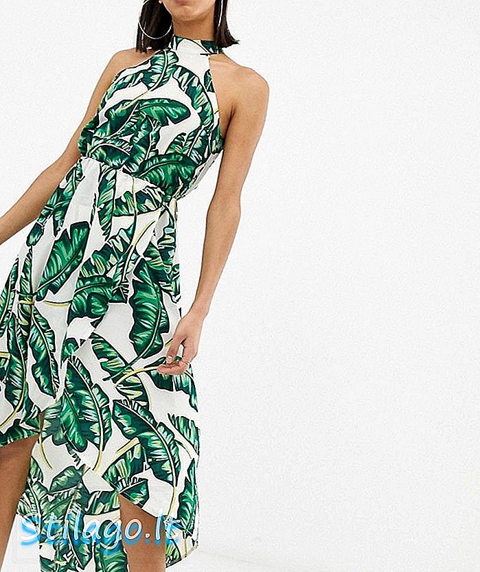 Vestit midi a mitja coll AX París, estampat tropical - Blanc