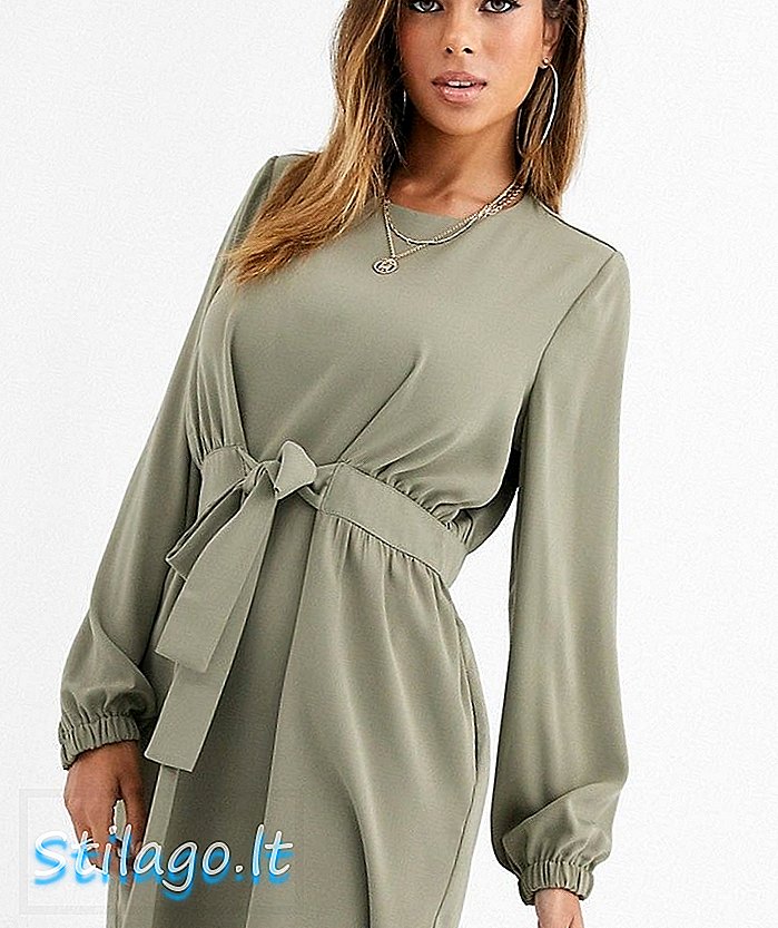 ASOS डिजाइन लंबी आस्तीन के साथ टाई कमर मिनी पोशाक पर चक-ग्रीन