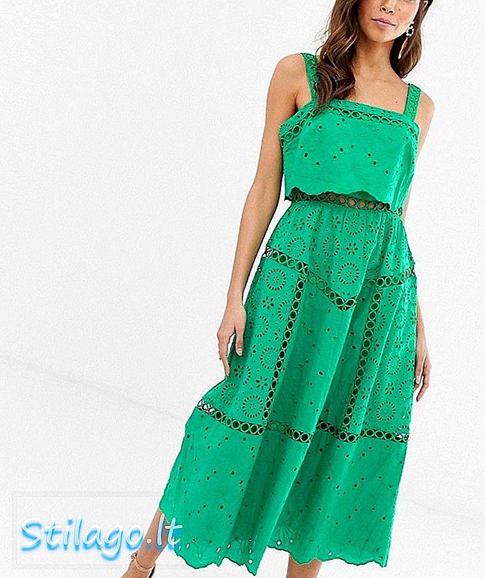 فستان حفلة متوسط ​​الطول من ASOS DESIGN Broderie Cami مع دانتيل - أخضر