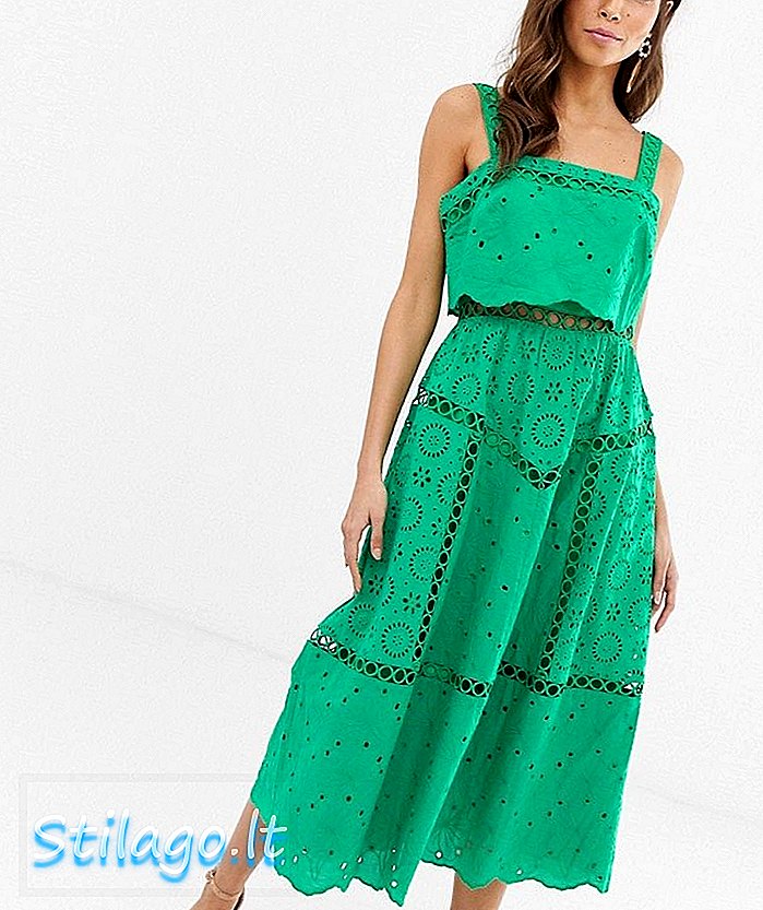 ASOS DESIGN broderie cami midi maturalna haljina s čipkastim umecima-zelena