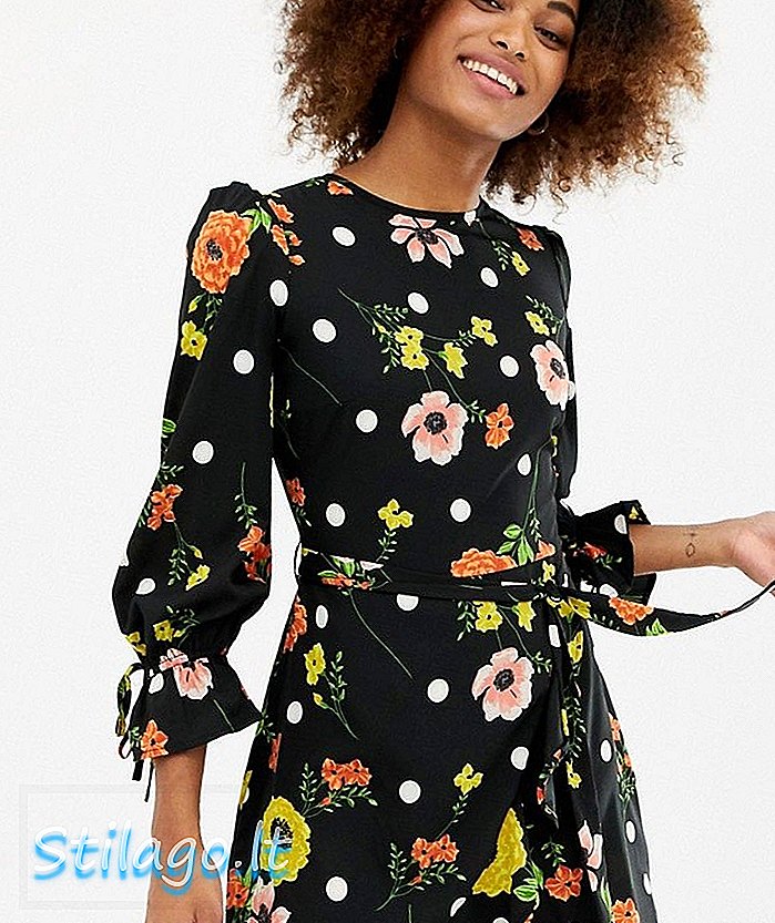 Vestido com detalhes folhos nas costas e saia com folhos em preto e floral - Black