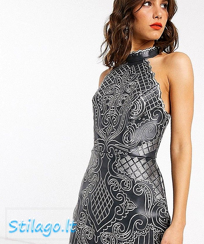 ASOS DESIGN - PU mini-jurk met geschulpte details en borduursel-grijs