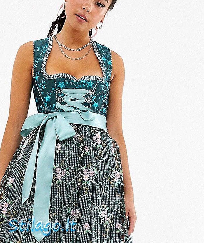 Dirndlalm dirndl bavarois original Oktoberfest avec tablier en dentelle et détails de paillettes-Bleu