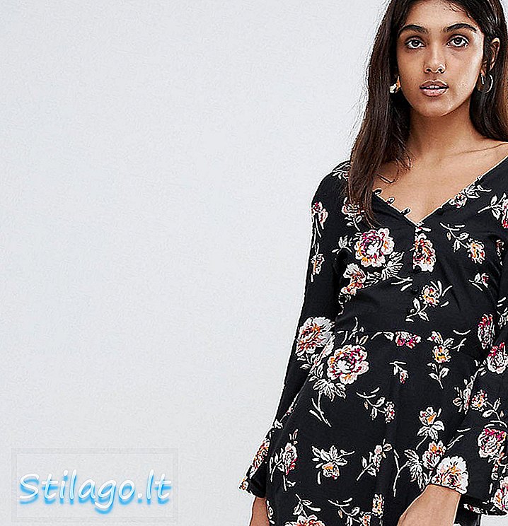 Influència alta rouleaux Loop i botó de detall vestit amb motius florals-negre